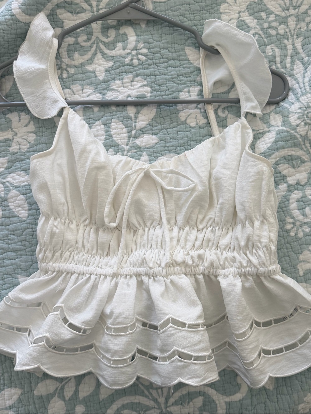 All in Favor White Ruffle Eyelet Smocked Crop Top